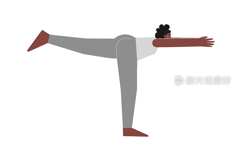 矢量插图与女性角色。运动的非洲裔美国妇女在瑜伽课上学习平衡姿势Virabhadrasana III。健身运动-战士3